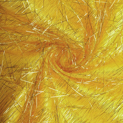 Shimmering yellow fabric with metallic threads in a swirling pattern.