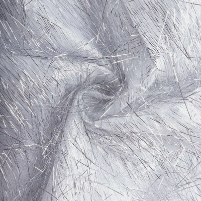 Silver metallic fabric with shimmering threads and a textured appearance.