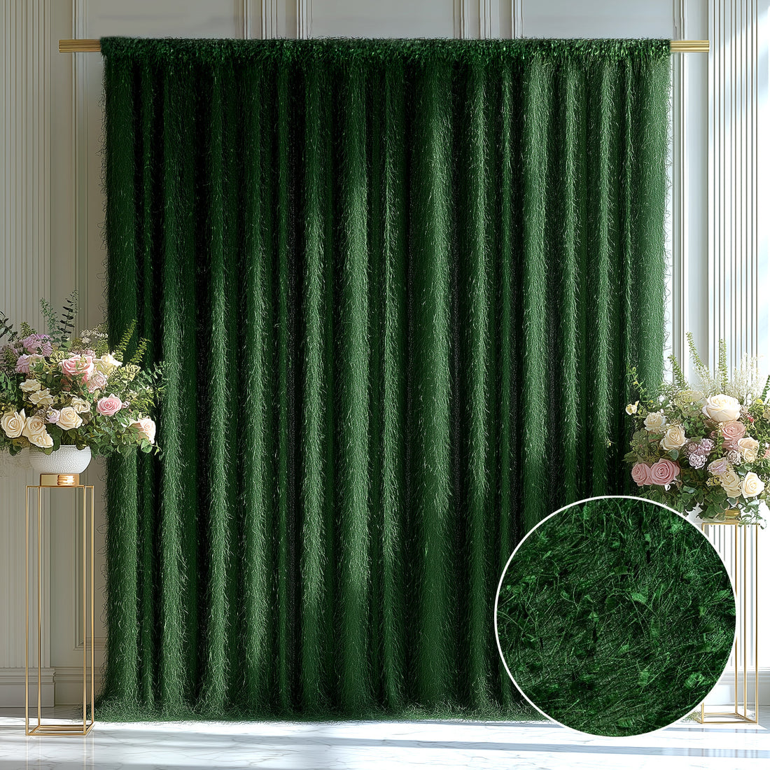 Green textured backdrop with floral arrangements in a stylish interior setting.
