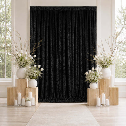 Black Premium Crushed Velvet Backdrop Curtain 10ft x 12ft – Wedding Backdrop Panel & Event Drapery with Rod Pocket, 70% Blackout
