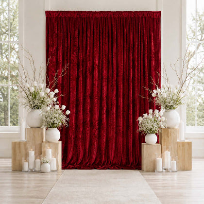 Red Premium Crushed Velvet Backdrop Curtain 10ft x 12ft – Wedding Backdrop Panel & Event Drapery with Rod Pocket, 70% Blackout