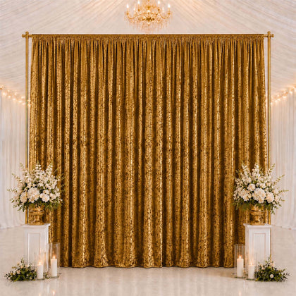 Gold Premium Crushed Velvet Backdrop Curtain 10ft x 14ft – Stage Backdrop Panel & Event Drape with Rod Pocket, 70% Blackout