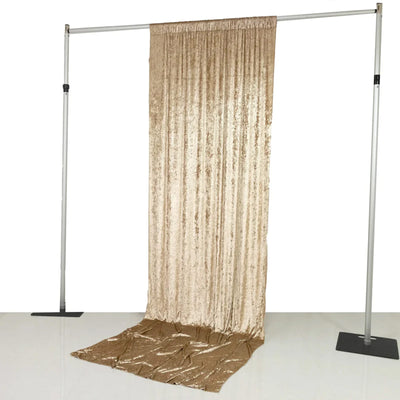 Gold velvet photo backdrop curtain with stand and pole setup
