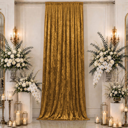 Gold Premium Crushed Velvet Backdrop Curtain 5ft x 16ft – Event Drape Panel & Ceiling Drapery with Rod Pocket, 70% Blackout