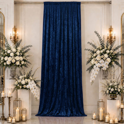 Navy Blue Premium Crushed Velvet Backdrop Curtain 5ft x 16ft – Event Drape Panel & Ceiling Drapery with Rod Pocket, 70% Blackout