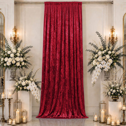 Red Premium Crushed Velvet Backdrop Curtain 5ft x 16ft – Event Drape Panel & Ceiling Drapery with Rod Pocket, 70% Blackout