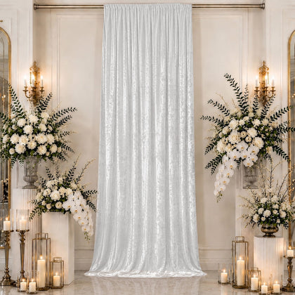 White Premium Crushed Velvet Backdrop Curtain 5ft x 16ft – Event Drape Panel & Ceiling Drapery with Rod Pocket, 70% Blackout