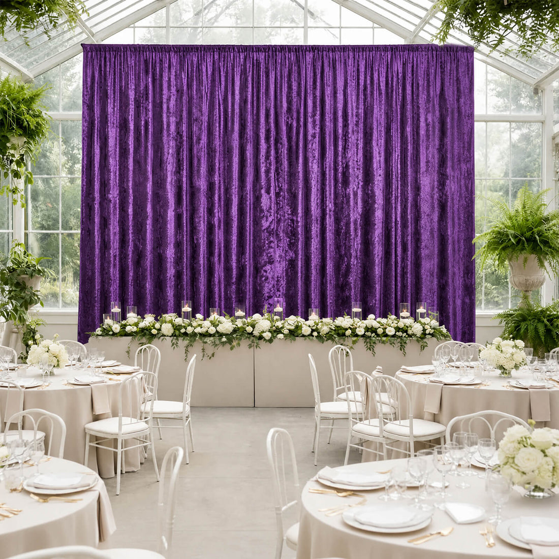 Elegant wedding reception with purple velvet backdrop, white florals, and round tables
