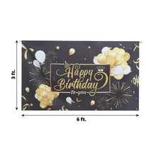 A polyester black/golden glittering balloons, stars & fireworks happy birthday to you banner with crystal, tassels, and vinyl backdrops