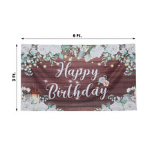 Polyester White / Brown Rectangular Wooden Planks with Flowers and String Lights Banner that says Happy Birthday with Crystal, Tassels, and Vinyl Backdrops