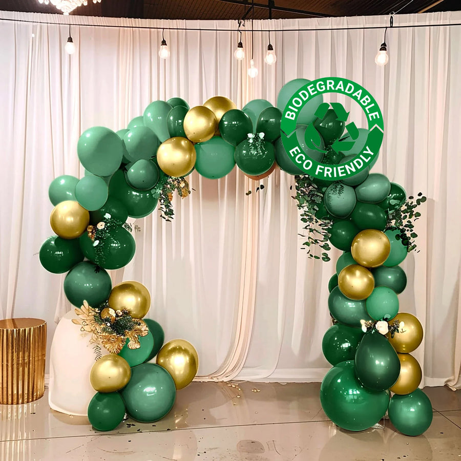 Green and gold balloon garland kit for baby shower backdrop and dessert table decor