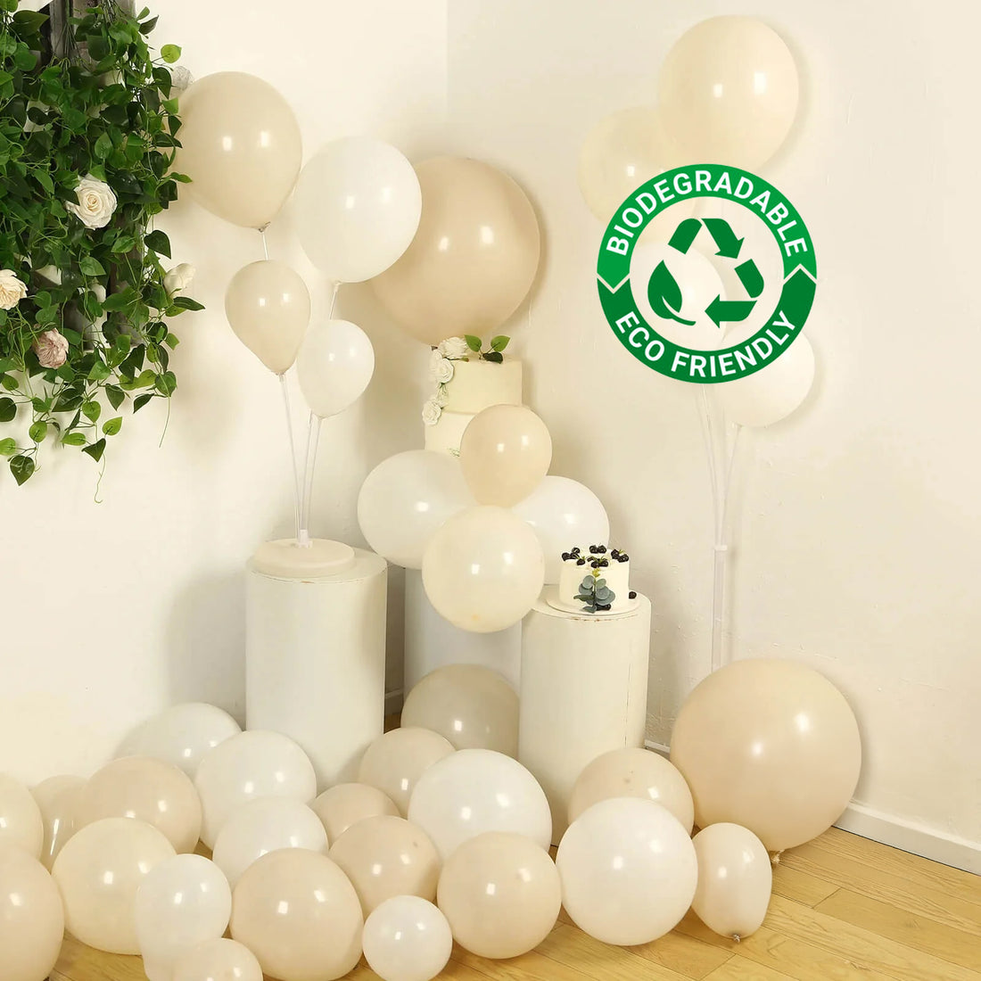 Biodegradable eco-friendly balloons in neutral tones, perfect for celebrations.