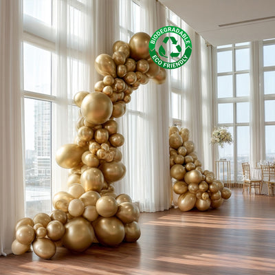 Eco-friendly biodegradable gold balloon arch for events and celebrations.