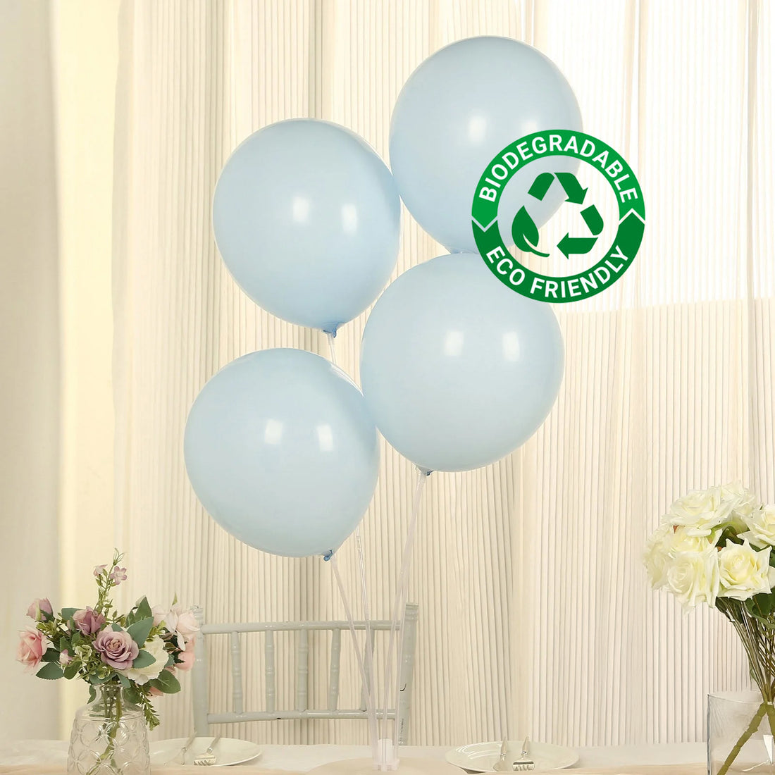 Light blue biodegradable balloons with eco-friendly label