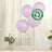 Purple biodegradable balloons on a table with flowers, eco-friendly label included.