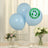 Blue biodegradable balloons displayed with flowers on a table.