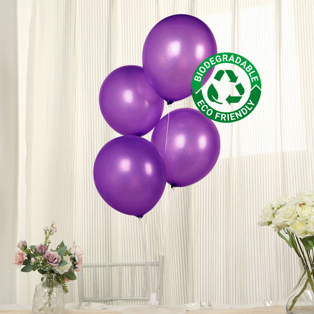 Purple biodegradable balloons with eco-friendly label