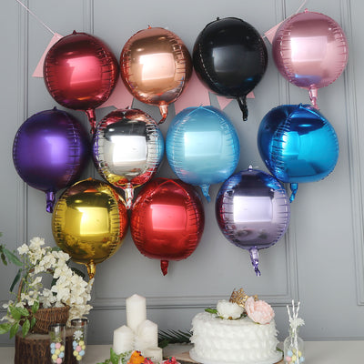Colorful metallic balloons in various shades, arranged in a decorative display.