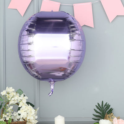 Purple foil balloon with a shiny finish, hanging against a gray wall.