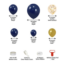 A bunch of latex balloons in Royal Blue, Gold, and Clear colors