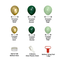 Latex balloons in a bunch including gold, green, and sage colors