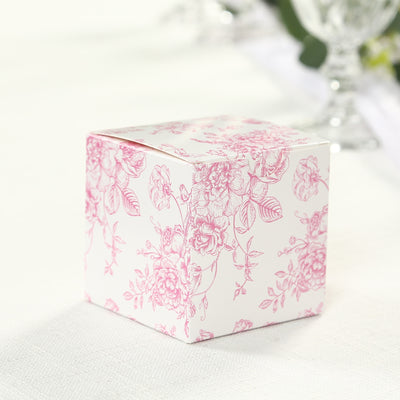 Decorative pink floral gift box on a white surface.