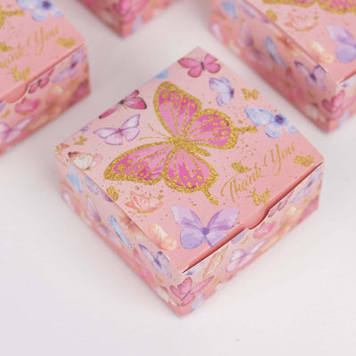 Pink butterfly-themed gift box with gold accents and "Thank You" text.