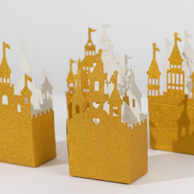 Gold glitter castle-shaped party favor boxes