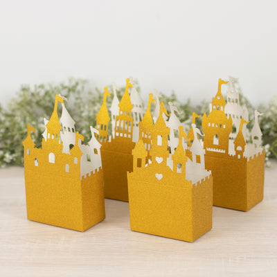 Gold castle-themed gift boxes for decorative occasions.