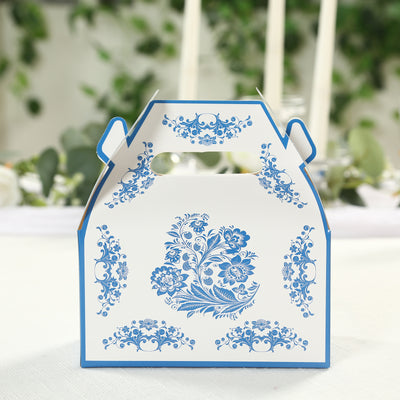 Floral-patterned takeout box with blue design on a white background.