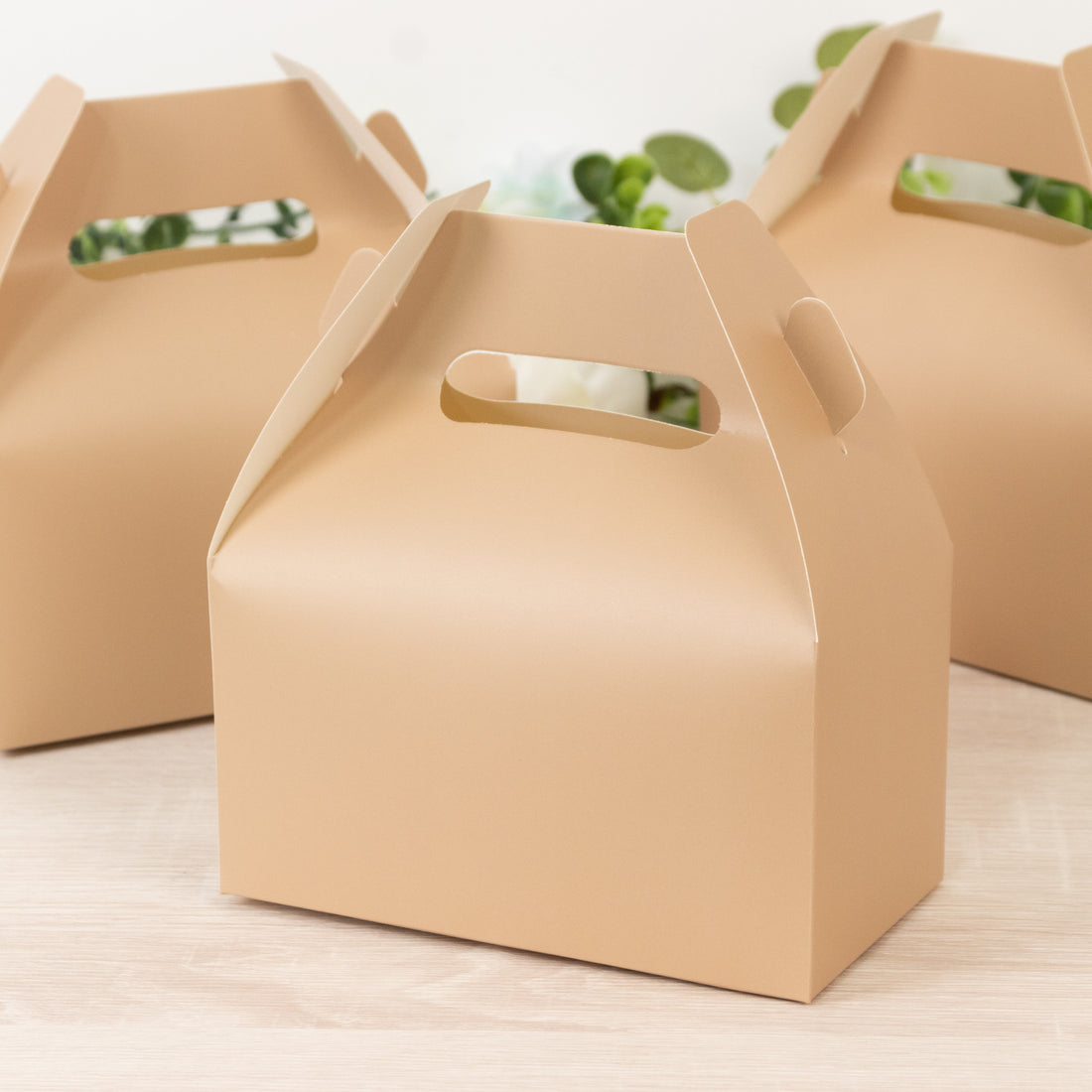 Brown paper gable box with handle on a wooden surface.
