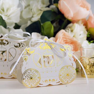 Stunning White/Gold Cinderella Carriage Party Favor Candy Gift Boxes