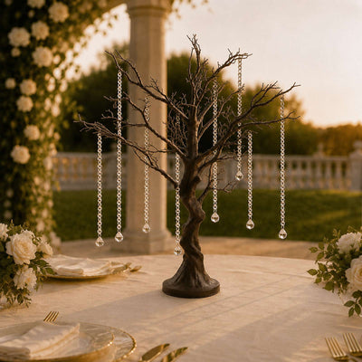 Elegant crystal tree centerpiece for wedding table decor at sunset