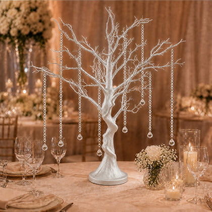 Manzanita Tree Centerpiece 34" Metallic Silver with 8 Acrylic Bead Chains - Easy Assembly Decorative Artificial Tree