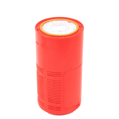 Red air purifier with a cylindrical design and top filter