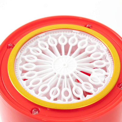 Red container with intricate white design on top