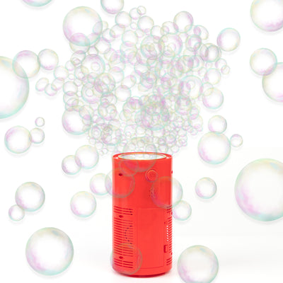 Red bubble machine with colorful bubbles floating around it