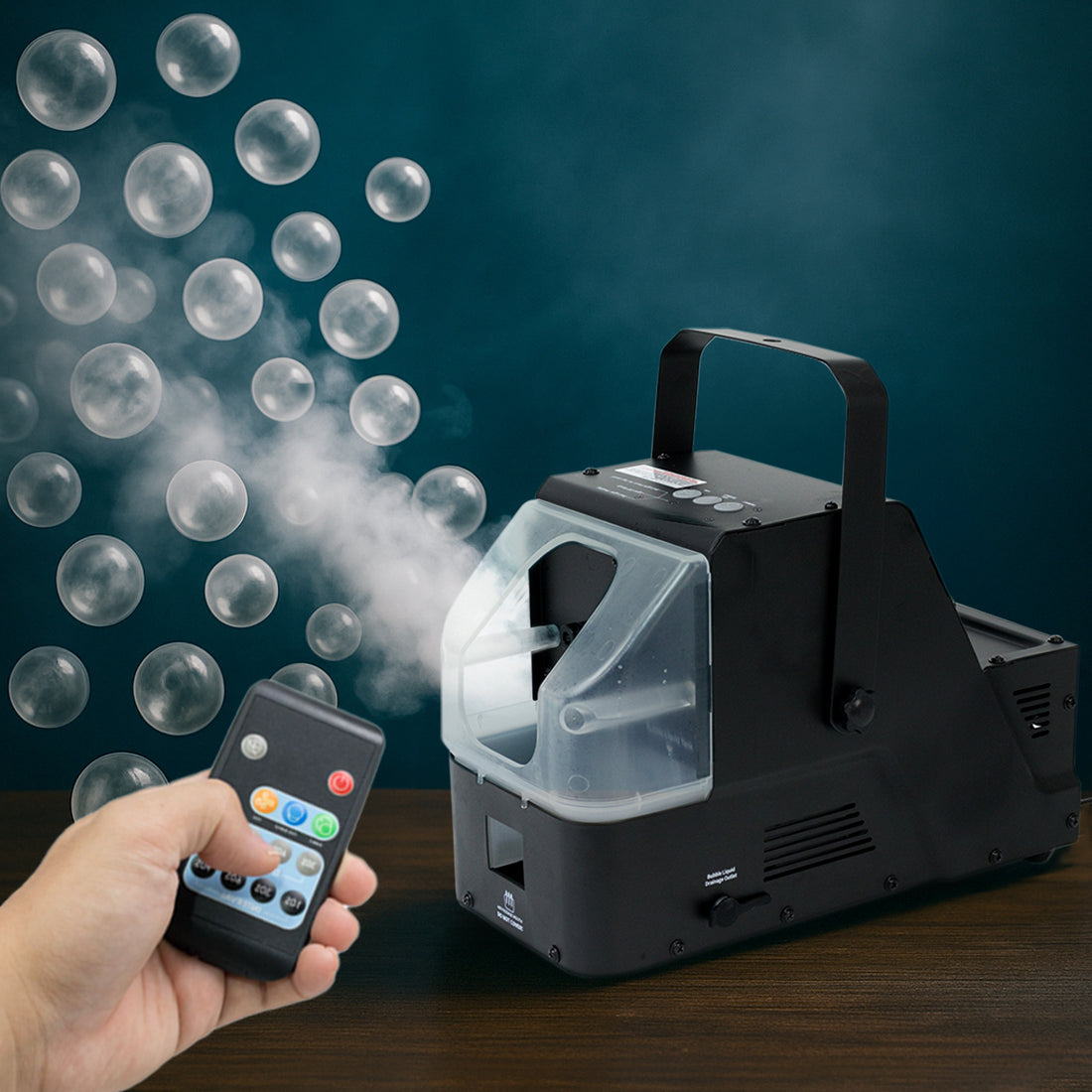 Bubble machine with remote control, producing bubbles in the air.
