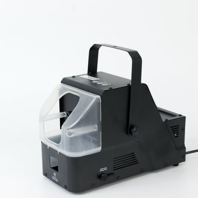 Black fog machine with transparent nozzle, studio isolation shot.