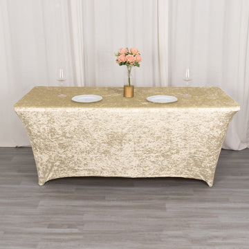 Beige Crushed Velvet Stretch Fitted Rectangular Table Cover 6ft