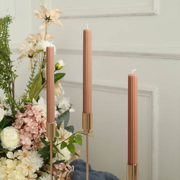 5 Pack | 9" Beige Premium Unscented Ribbed Wick Taper Candles, Tall Ribbon Wax Dinner Candles