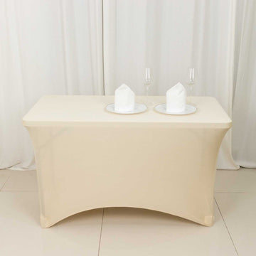 Versatile and Stylish Event Decor with the Beige Rectangular Stretch Spandex Tablecloth