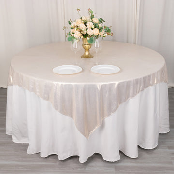 72"x72" Beige Shimmer Sequin Dots Square Polyester Table Overlay, Wrinkle Free Sparkle Glitter Table Topper