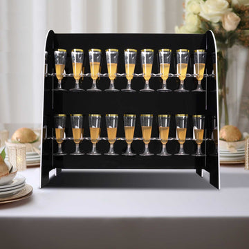 Glossy Black 2-Tier Table Top Cocktail Rack, 18 Champagne Glass Display Stand 25"