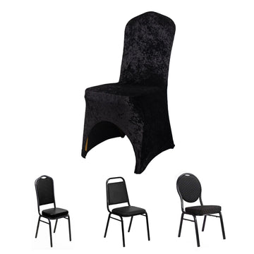 Black Crushed Velvet Spandex Stretch Banquet Chair Cover With Foot Pockets, Fitted Wedding Chair Cover 190 GSM