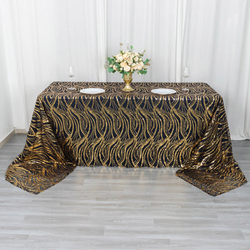 90"x156" Black Gold Wave Mesh Rectangular Tablecloth With Embroidered Sequins