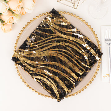 Black Gold Wave Embroidered Sequin Mesh Dinner Napkin, Reusable Decorative Napkin - 20"x20"