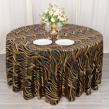 Black Gold Wave Mesh Round Tablecloth With Embroidered Sequins 120"