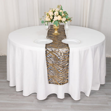 Black Gold Wave Mesh Table Runner With Embroidered Sequins 12"x108"