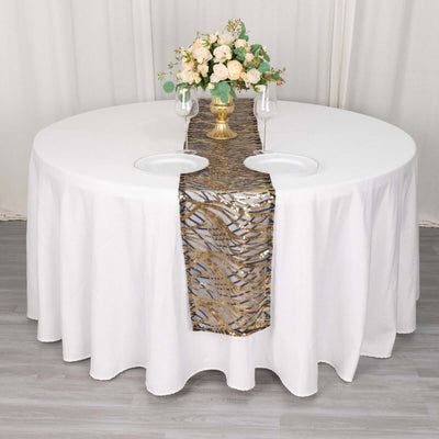 Elegant gold and silver table runner on a round white table with floral centerpiece.